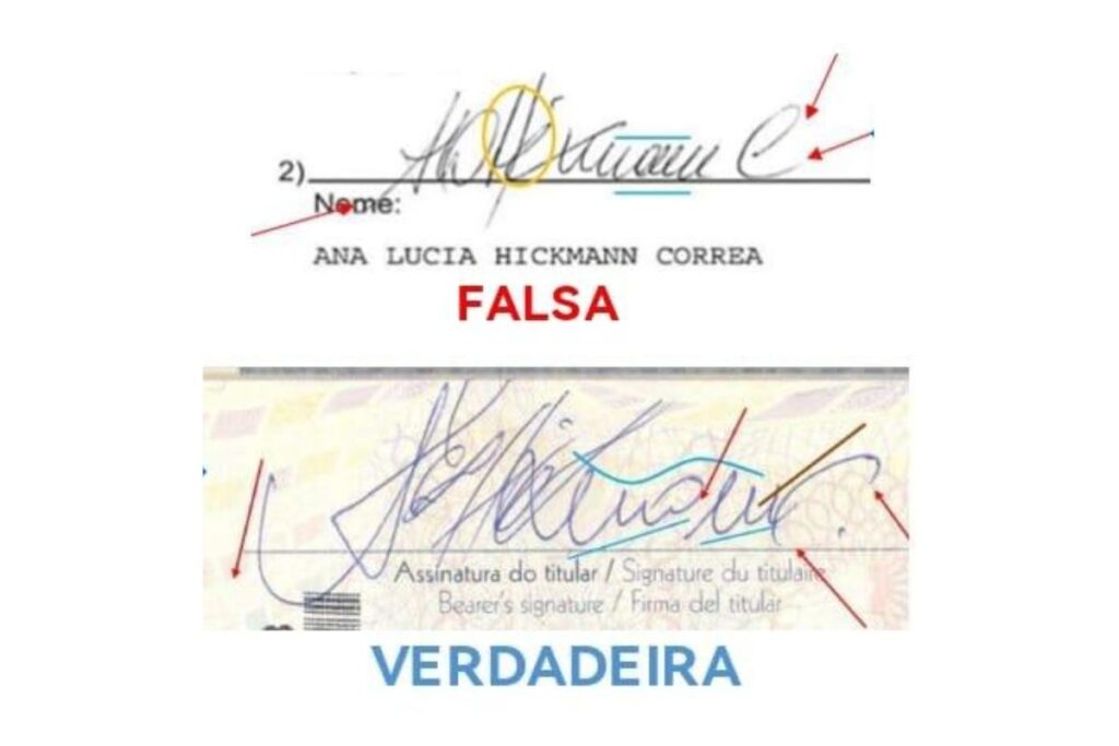 Assinaturas falsa e verdadeira associadas a Ana Hickmann
