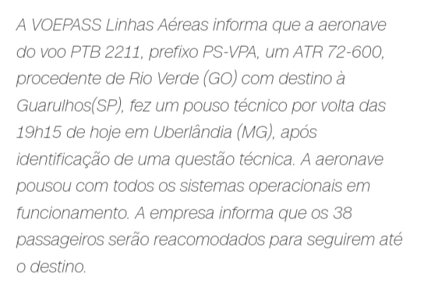 Voepass se manifesta após avião precisar fazer pouso por pane técnica: ’38 passageiros ‘