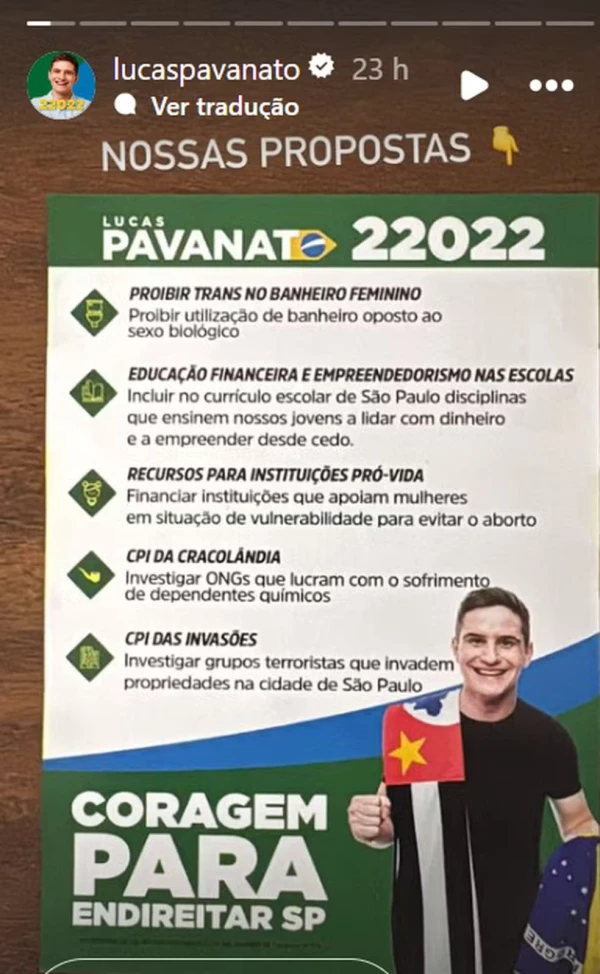 Aliado de Bolsonaro, vereador mais votado em São Paulo, Pavanato quer ‘proibir trans no banheiro feminino’