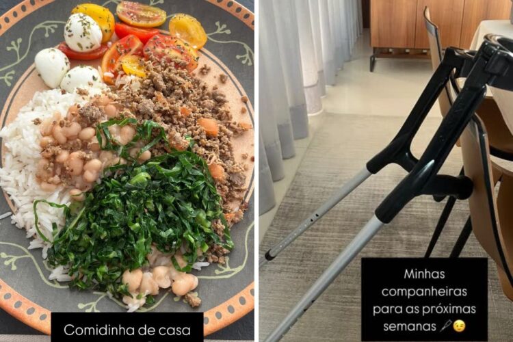 Vera Viel mostrou as muletas que a ajudam a caminhar e a comida de sua casa