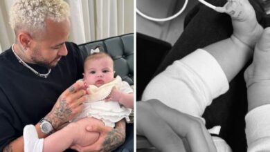 Neymar com a filha Helena no colo e ela no hospital com a mãe, Amanda Kimberlly