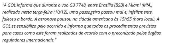 Mulher falece em avião da Gol durante voo: o corpo permaneceu atado aos cintos de segurança até o pouso