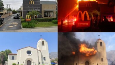 Incêndio de grandes proporções deixam igreja e lanchonete em meio às chamas; antes e depois são desoladores