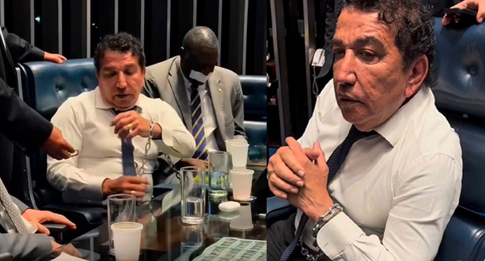 Magno Malta se acorrenta no plenário do Senado: ‘Não sairemos desse lugar’